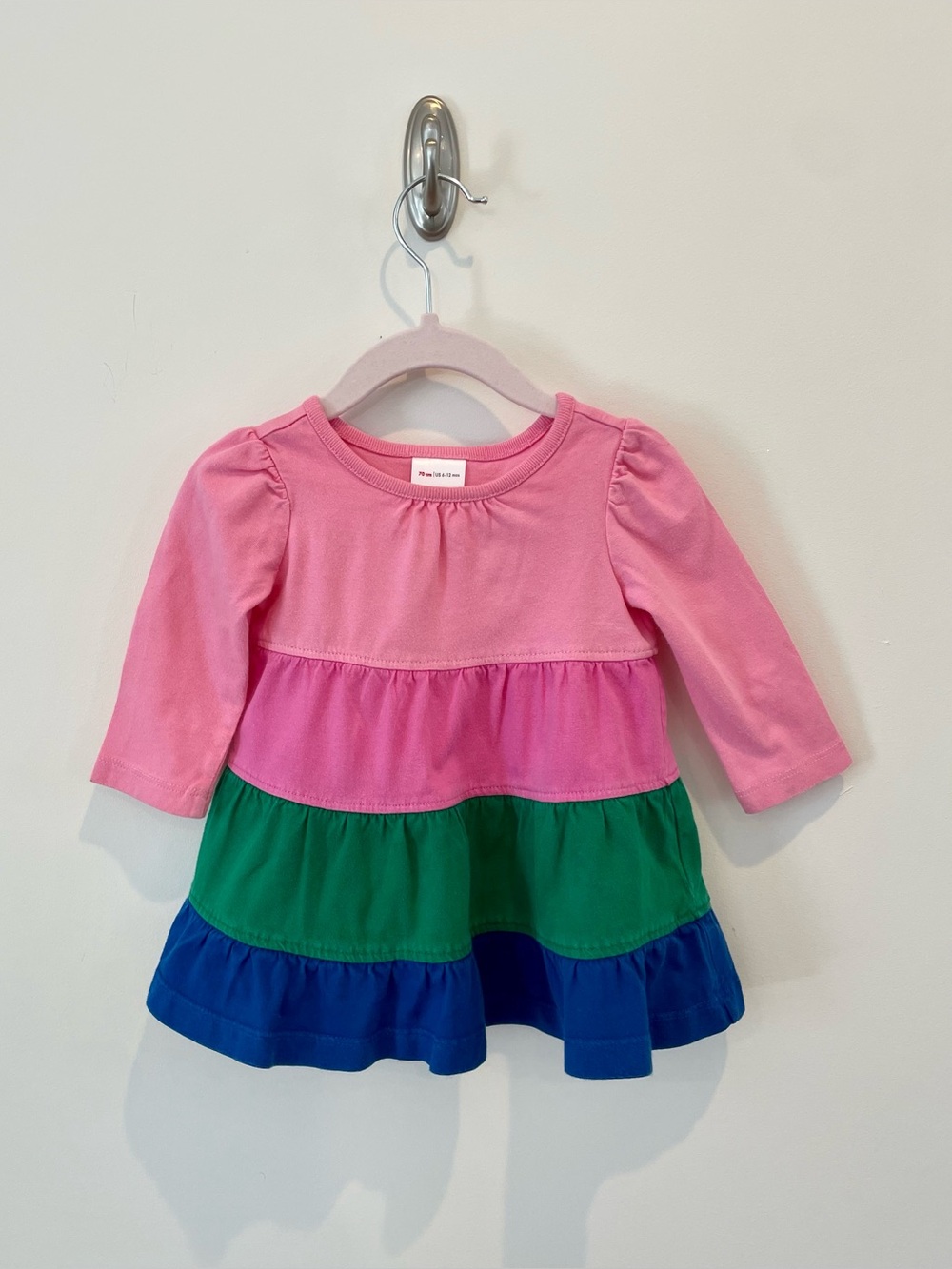 Hanna Andersson Pink, Green & Blue Tiered Long Sleeve Dress - Sz 6-12 mo (70 cm)